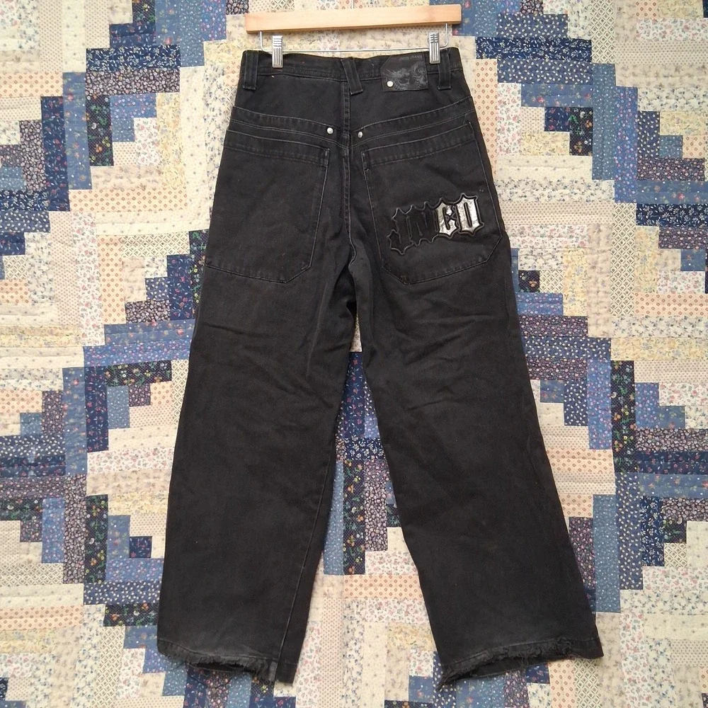 y2k Jnco Black Denim‎ Jeans Size 29x30 Gothic Spellout Double Back Pockets Wide
